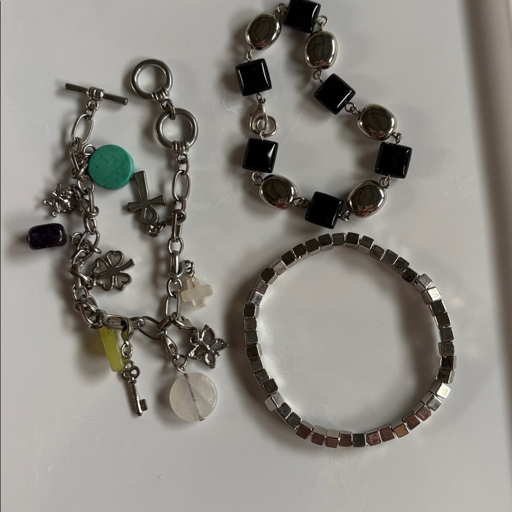 Silver and color stones charm Bracelet and Black Stone bracelet, Block bracelet